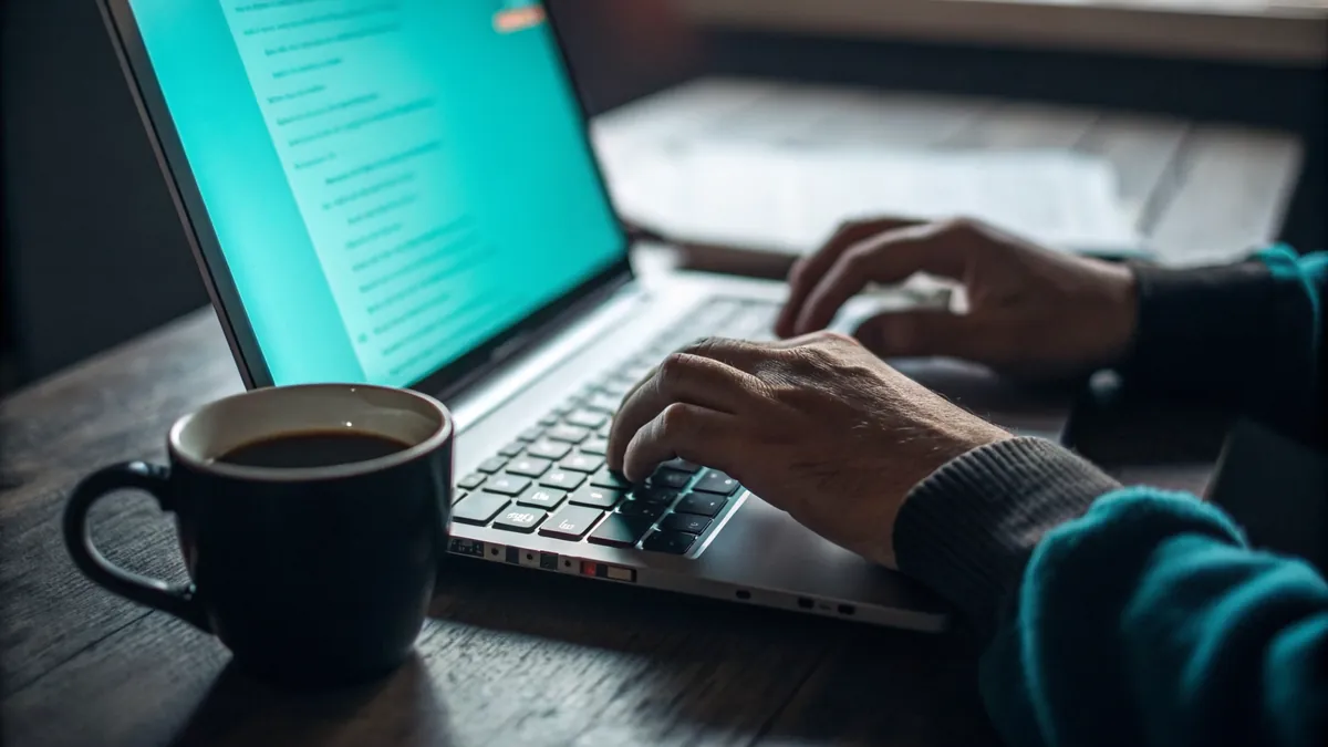 An engineer working late on a laptop beside a cup of coffee